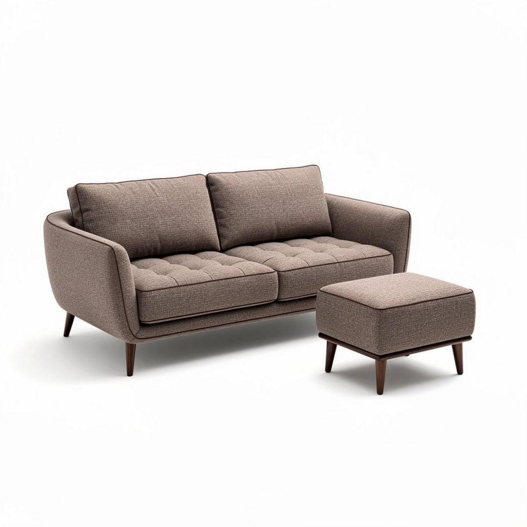 Zweipersonensofa mit ottoman aus braunem textil in der größe 180 x 90 x 80cm