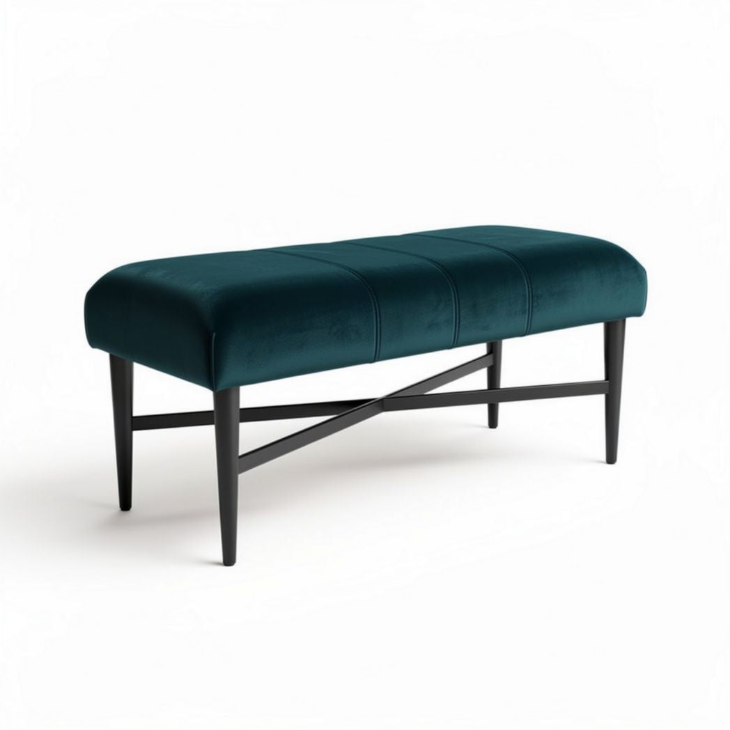 Sitzbank aus samt in dunkelgrün mit schwarzen beinen 120 x 45 x 45cm