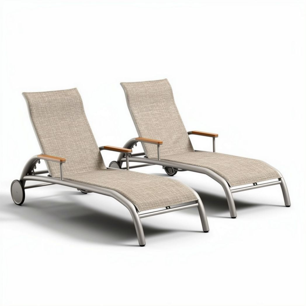 Liegestuhlset aus Aluminium und Textilgewebe in beige mit Holzgriffen 200 x 60 x 30cm