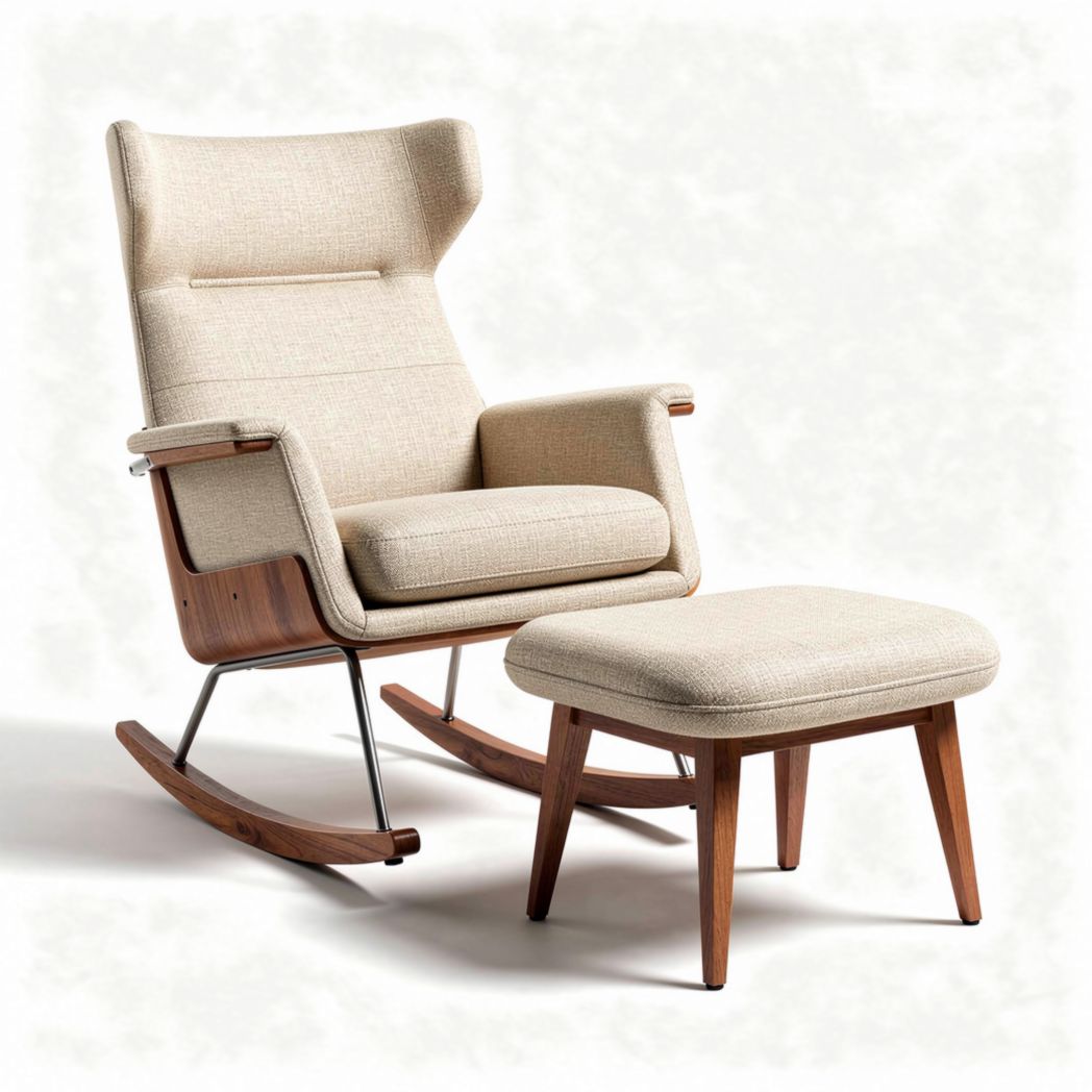 Schaukelstuhl aus holz mit gepolsterter sitzfläche und Fußhocker in beige 70 x 75 x 100cm